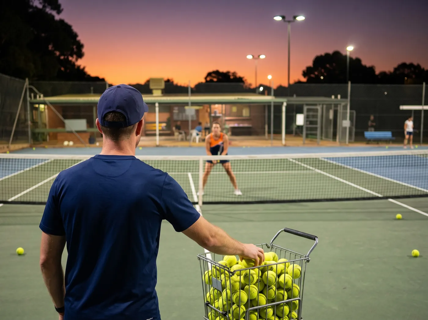 A coach in a cap feeding balls from a basket to a player across the net at dusk