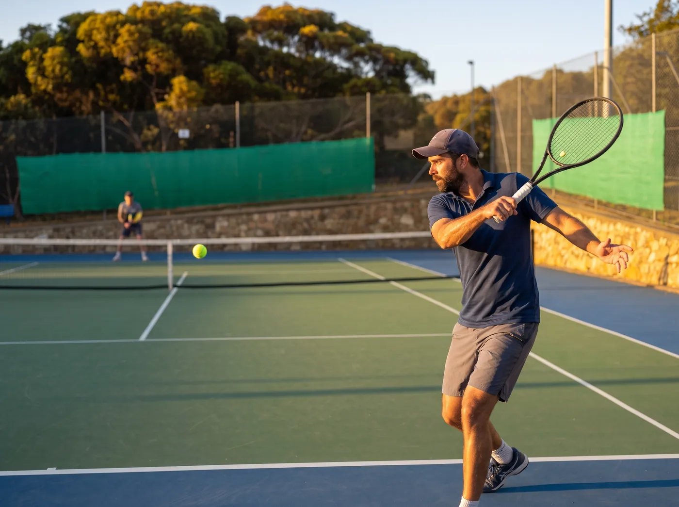 A player lining up a forehand during an afternoon match