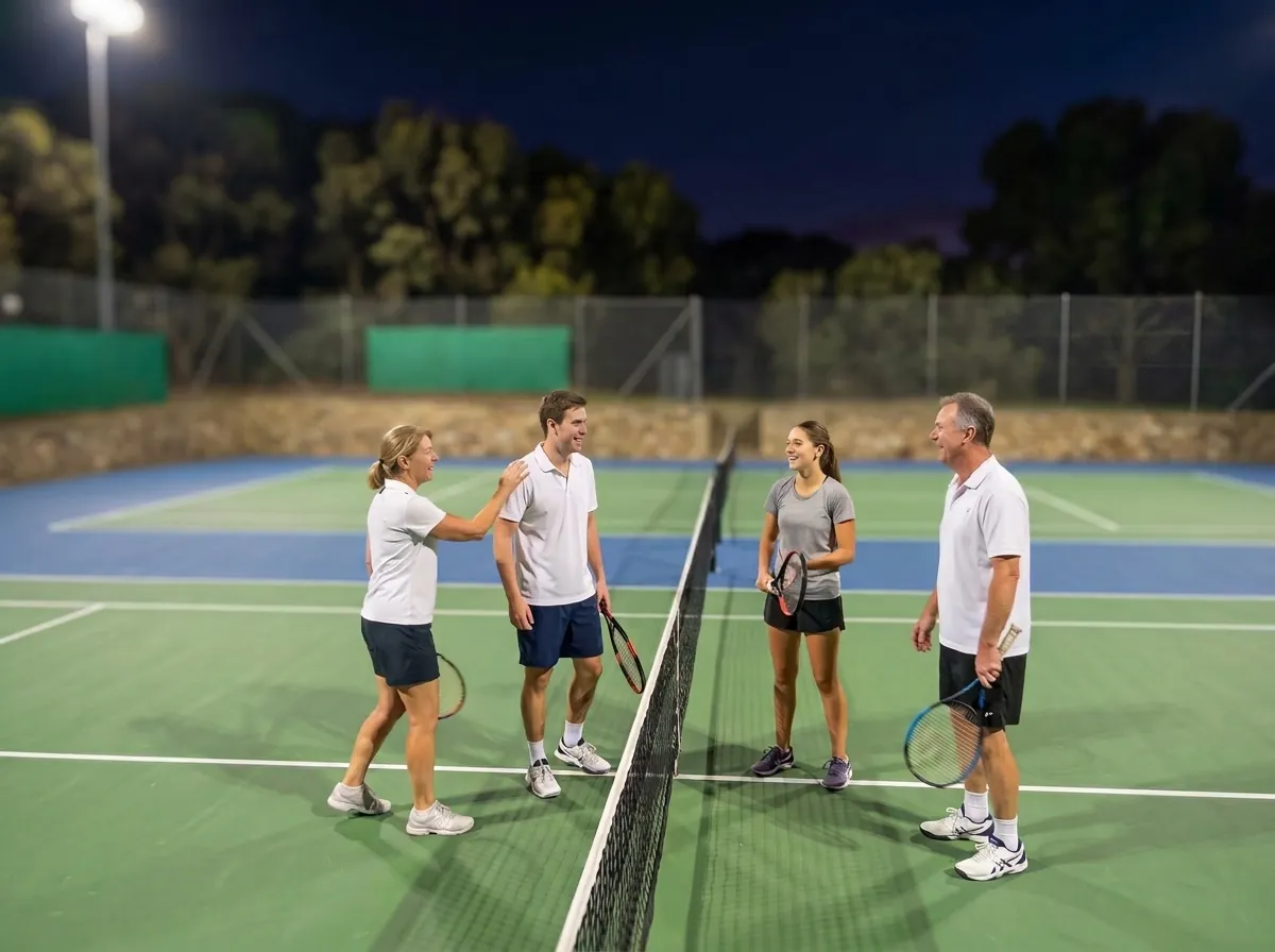 Players chatting at the net during a night social game under lights